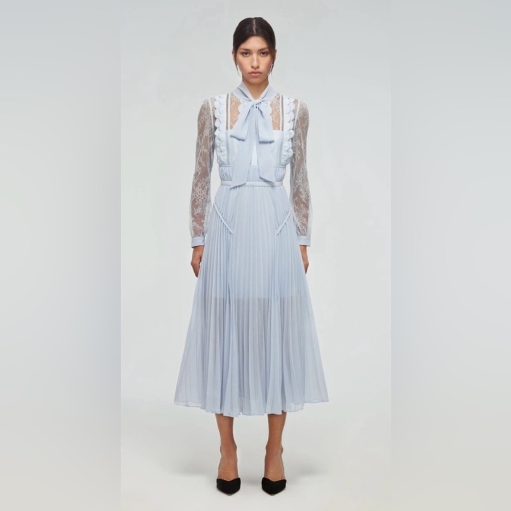Self-Portrait Light Blue Lace Long Sleeve Pleated Midi Dress with Bow Neck